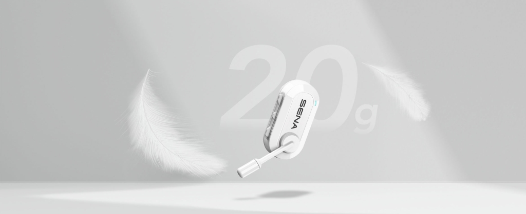 This is a picture demonstrating the size and lightweight design of a Sena cyclist communicator.